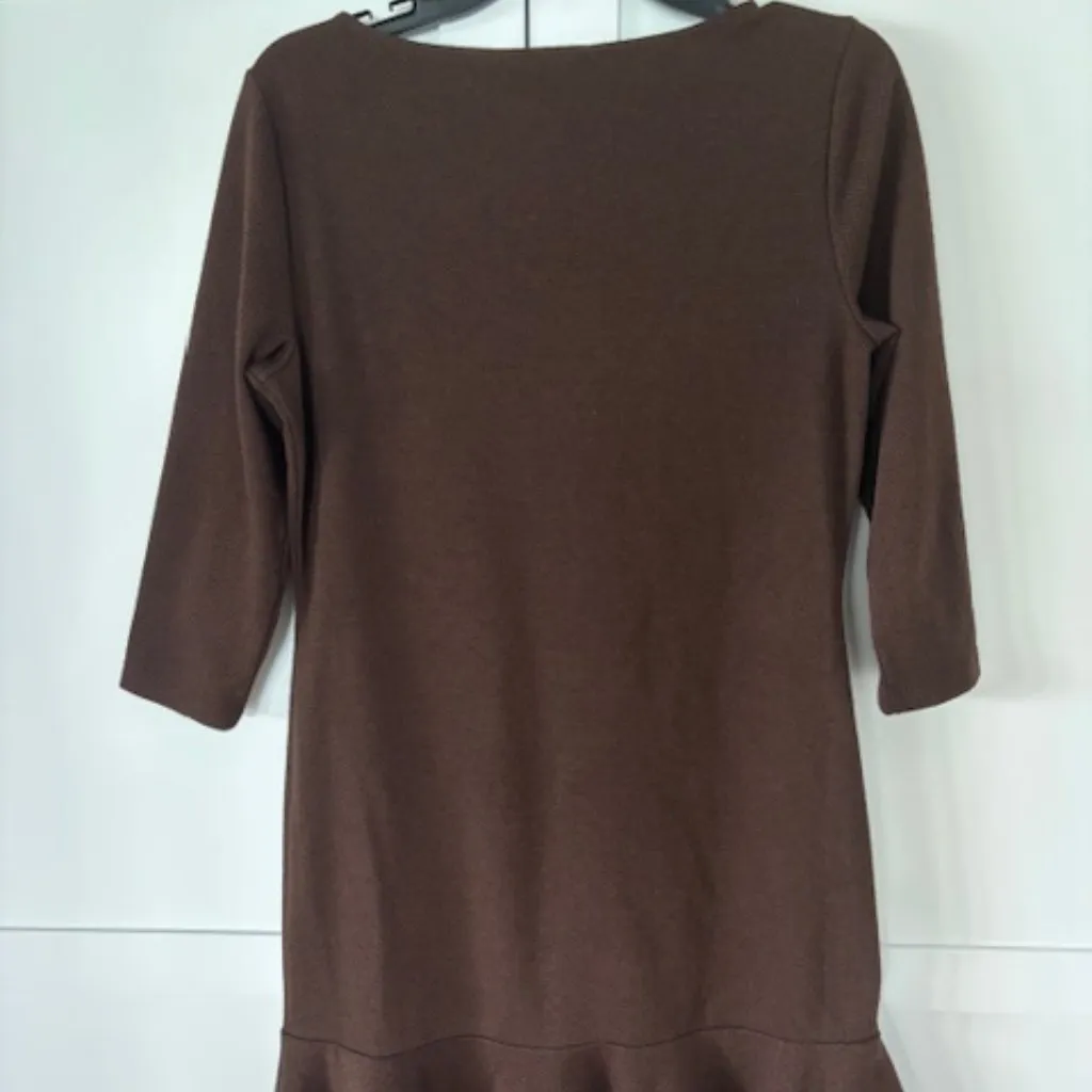 LRL Ralph Lauren Sz M Brown 3/4 Sleeve Herringbone A Line Career Ruffle Dress - Image 3