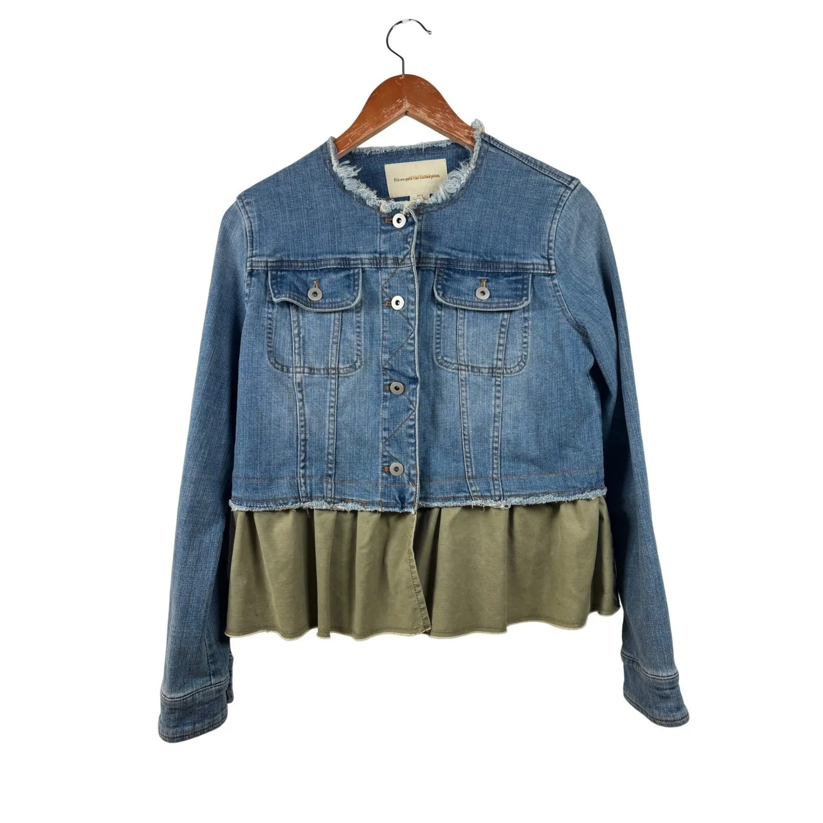 Pilcro and the Letterpress Small Denim Jacket Olive Green Ruffle Hem Womens - Image 3