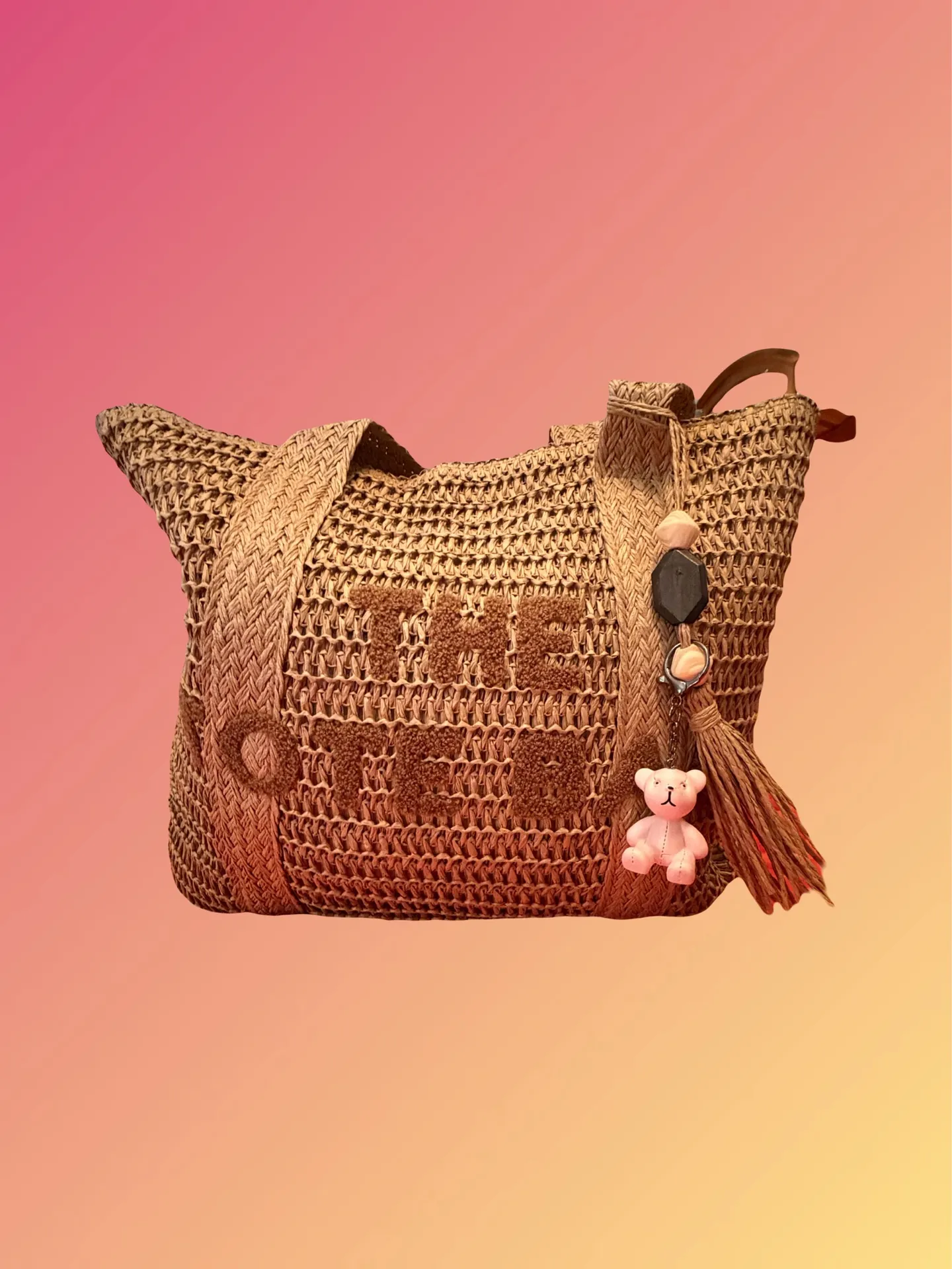 Unique and very cute tan woven Tote Bag with playful pink bear charm included. - Image 12