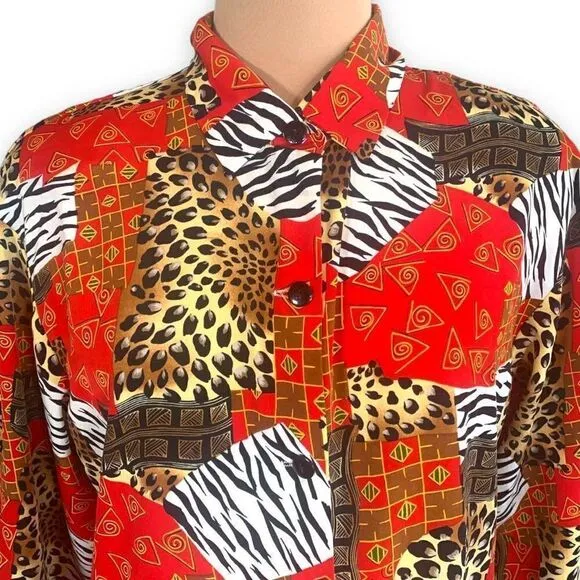 Vintage 80s Shirt Red Button Up Leopard Animal Zebra Print Abstract Art Medium Red - Image 2