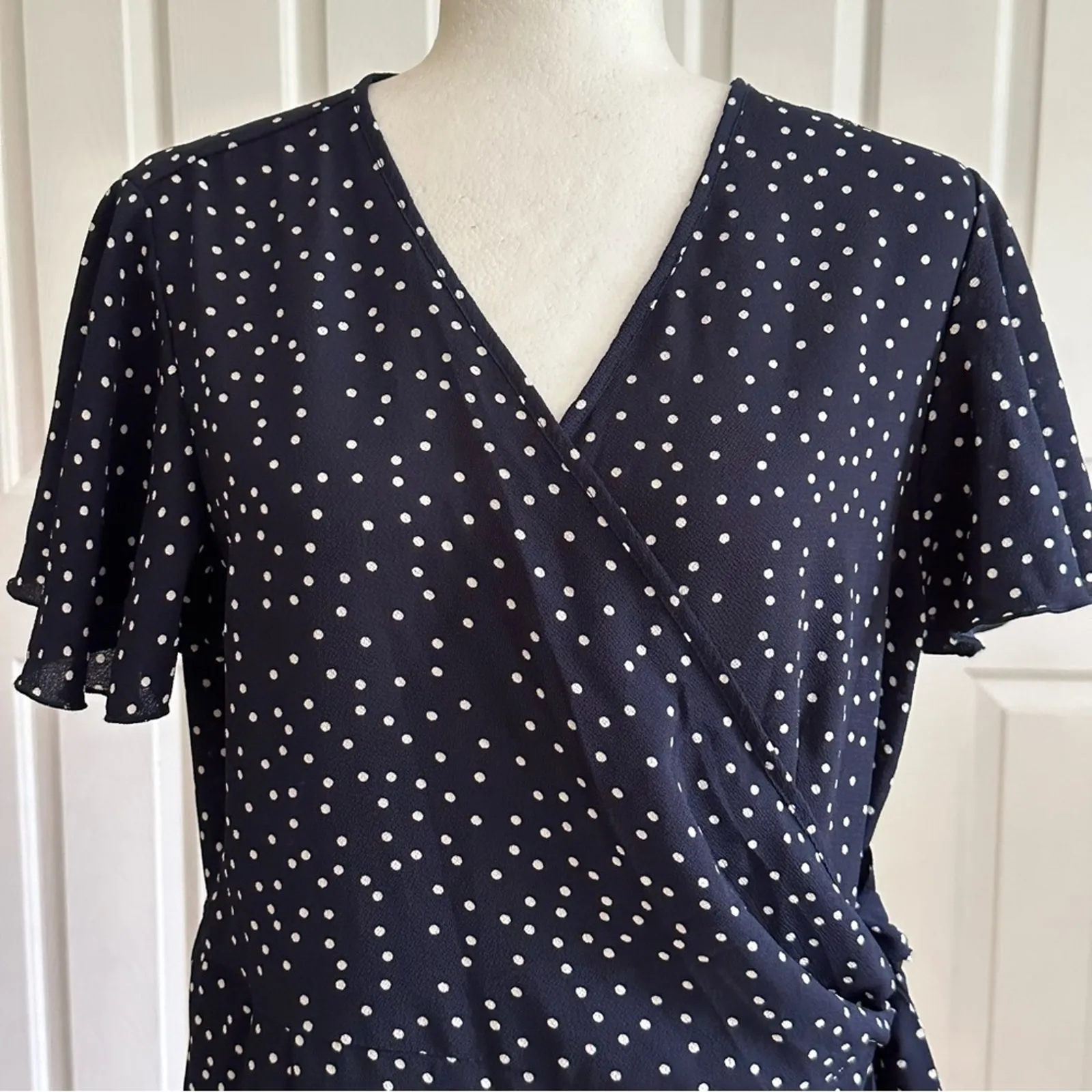 Relipop Wrap Dress Blue White Polka Dot V-Neck Bell Short Sleeve Ruffled XL NEW - Image 3