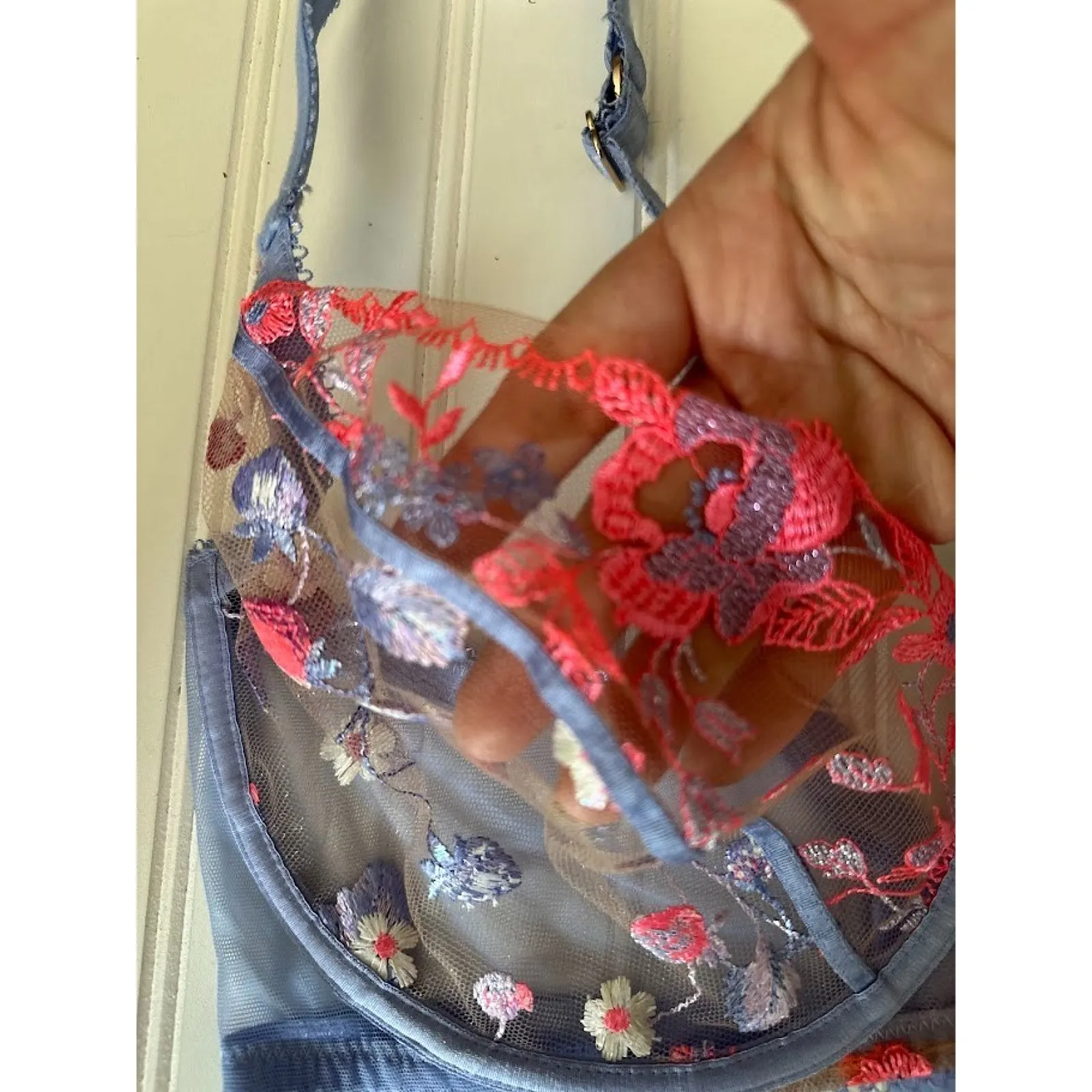 Honey Birdette Isabella Bra 38DDD/F Lingerie Embroidered Floral Sheer Underwire Purple Size undefined - Image 6