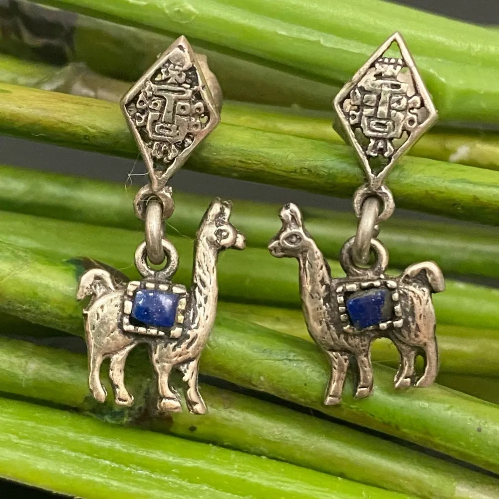 Vintage Sterling Silver 925 Southwestern Style Alpaca Llama Lapis Azuli Earrings - Image 5
