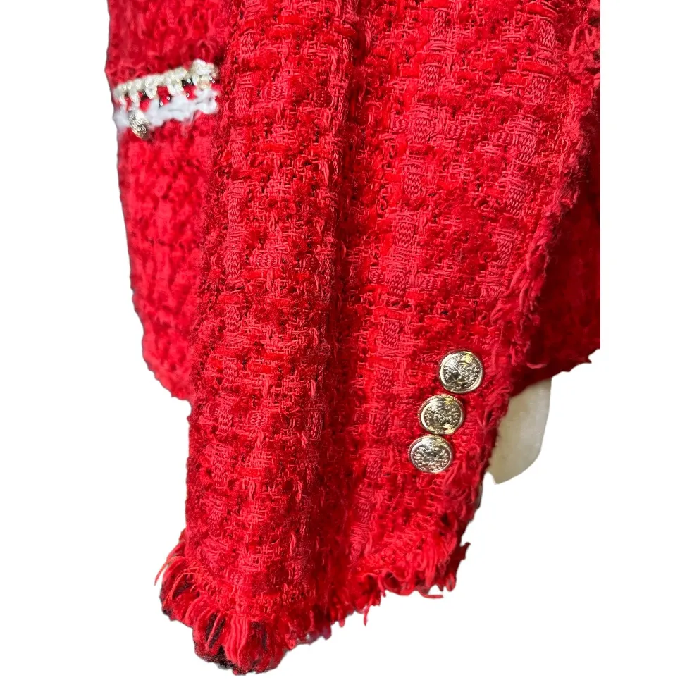 Zara Woman Red Tweed Bouclé Blazer Jacket,Parisian Chic, Statement Piece M - Image 9