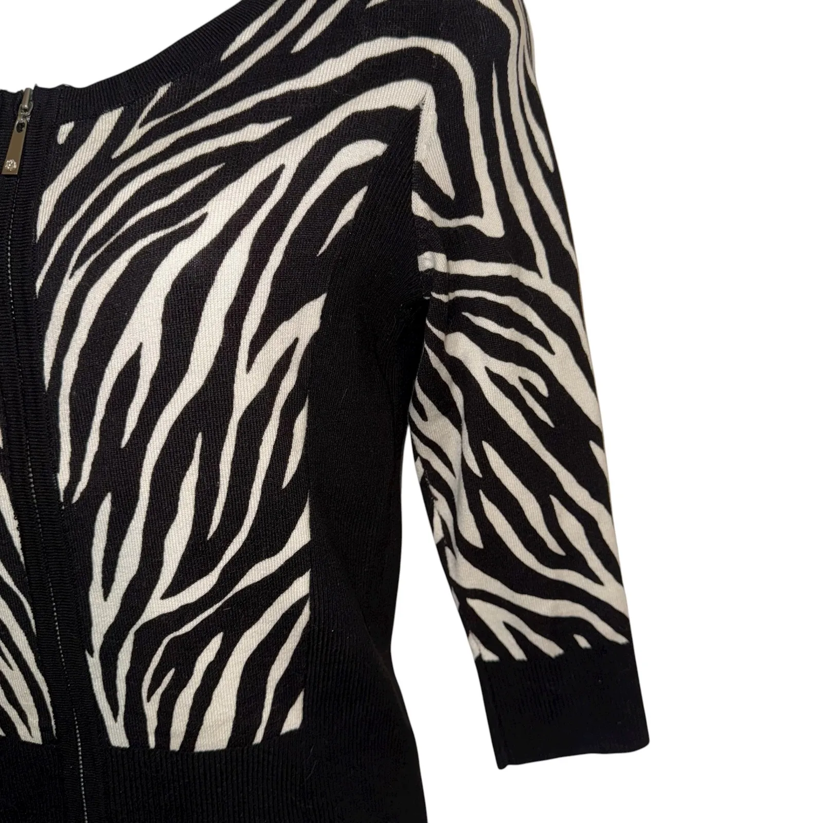 WHITE HOUSE BLACK‎ MARKET Zebra Print Zip Front Cardigan 3//4" Sleeve Sweater XS - Image 5