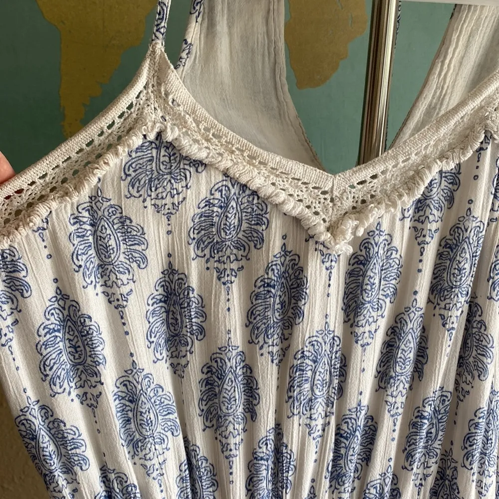 White and blue maxi summer dress floor length ruffled tier skirt crochet detail - Image 8