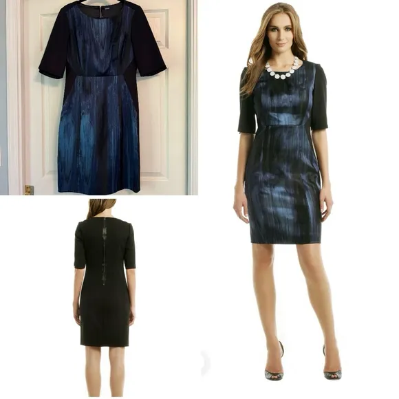 Women's Elie Tahari Nadia Sheath Dress Size 8 Blue Watercolor Black - Image 2