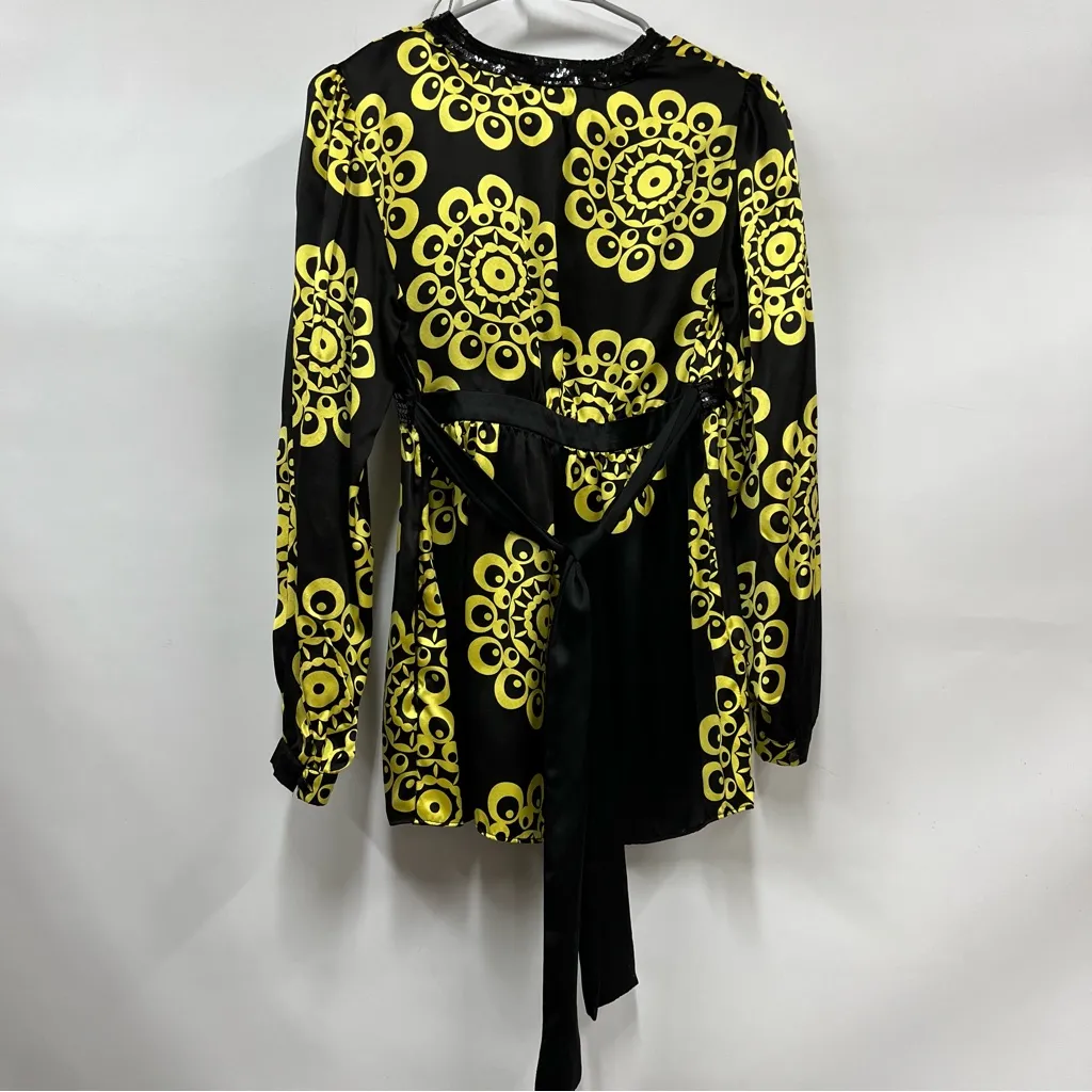 INC size 6 Womens Black Yellow 100% Silk Floral Print Blouse Sequins Kimono top - Image 6