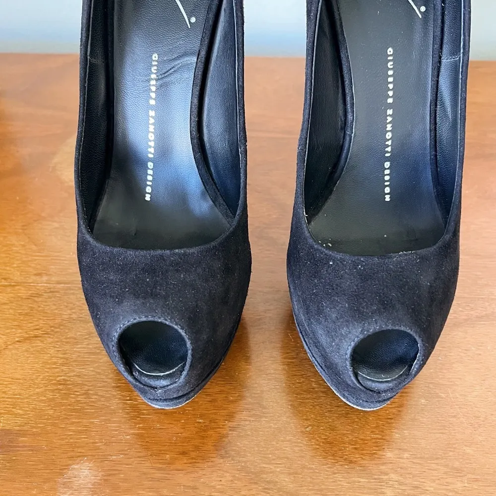 Giuseppe Zanotti • Sharon 130 platform heels pumps black suede stiletto peeptoe - Image 5