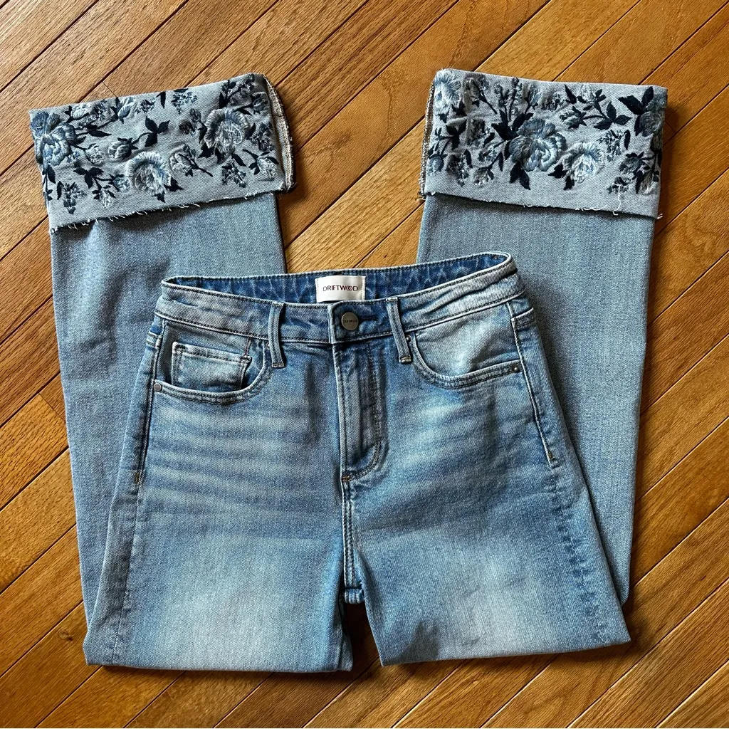 Driftwood Collette Embroiered Floral Cuff Straight Jeans Womens 24 Blue - Image 2