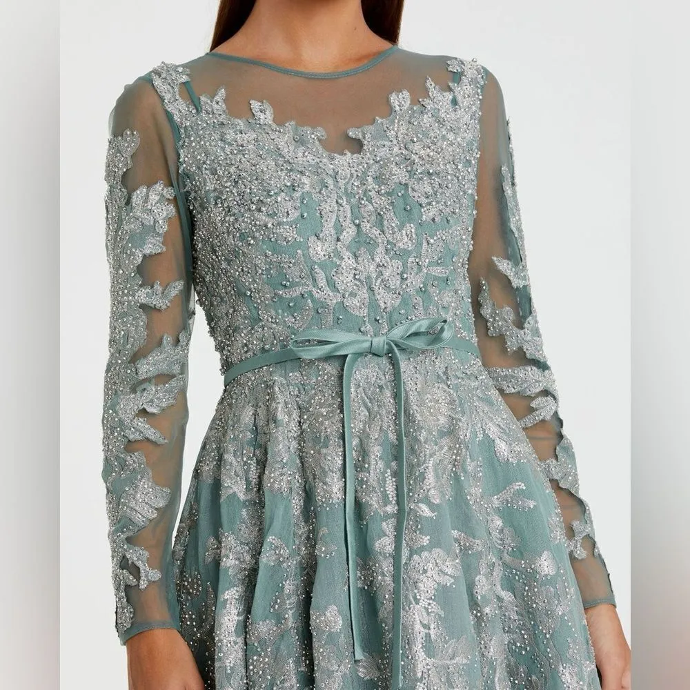 MAC DUGGAL 20337 Womens Embellished Bow Belt Illusion Long Sleeve A Line Dress - Image 4