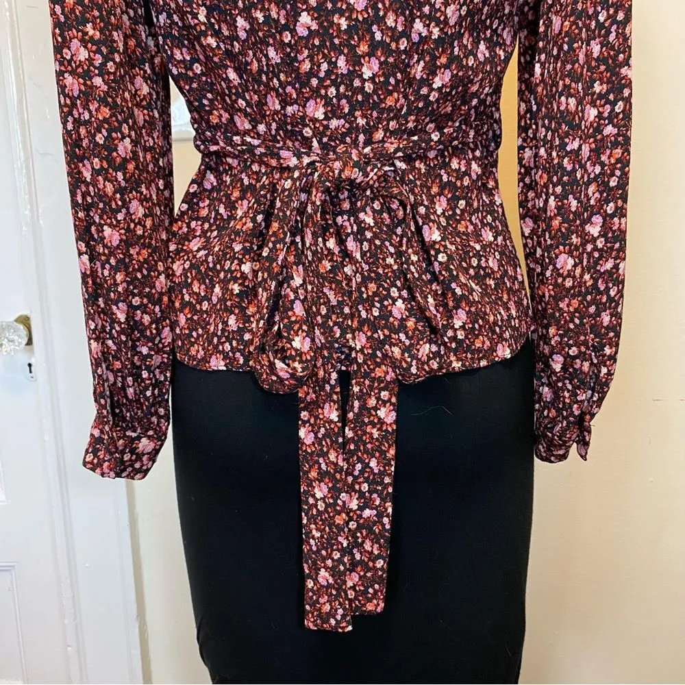 & Other Stories Floral Long Puff Sleeve Wrap Blouse Black/Pink Sz 6 Small - Image 12