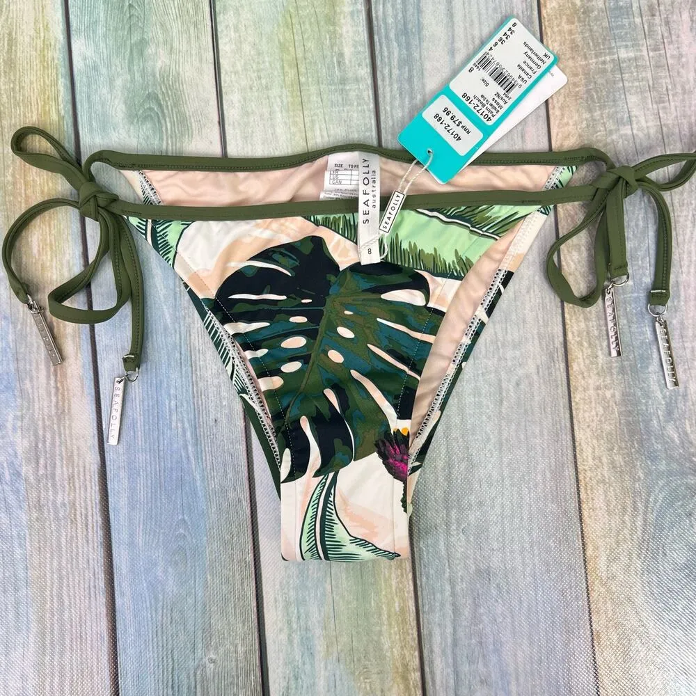 Seafolly Womens Palm Beach Print Tie Side Brazilian Bikini Bottoms Size 8 NEW - Image 9
