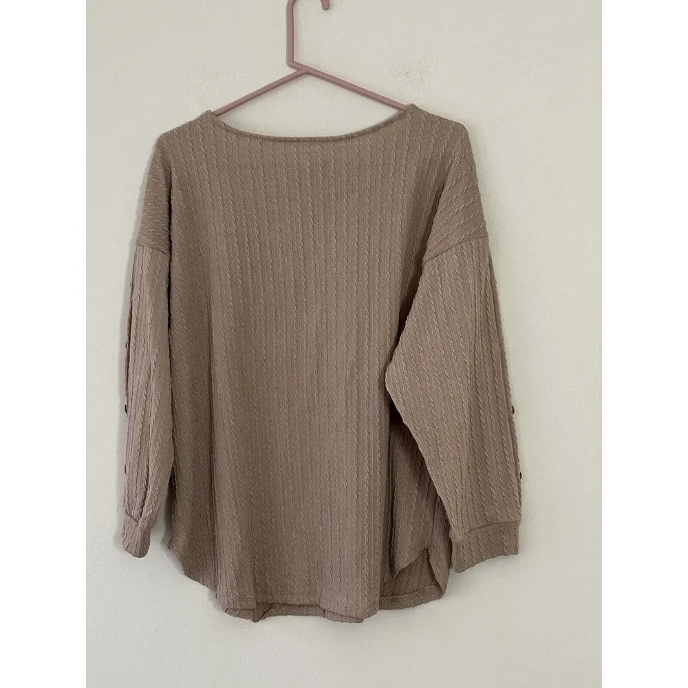 NY Collection Tan Slouchy Waffle Knit  Sweater  Neutral Relaxed Fit Cozy Office - Image 2
