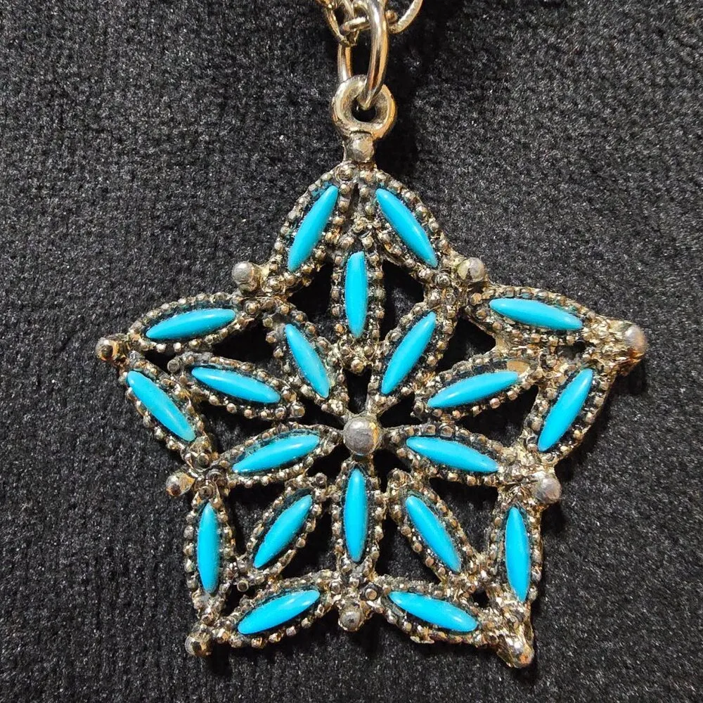 Women's Turquoise Five Pointed Star Zuni Design Pendant Silver Tone Necklace Blue - Image 4