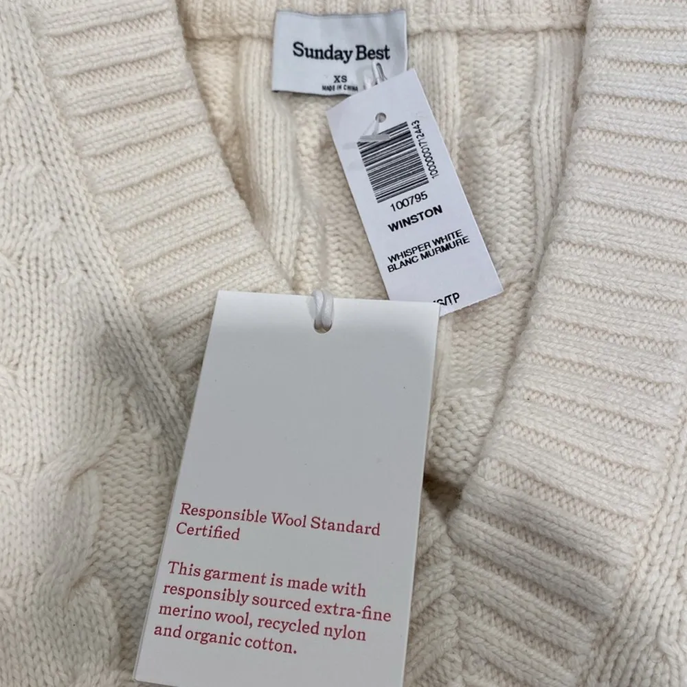 NWT Sunday Best Sz XS Winston Cable Knit Sweater Vest Merino Wool Cropped Preppy White - Image 5