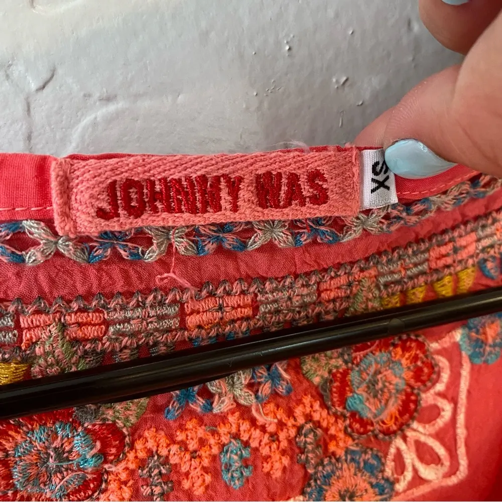 Johnny Was Embroidered Butterfly 3/4 Sleeve Button Up Peasant Top - Coral Pink - Image 4