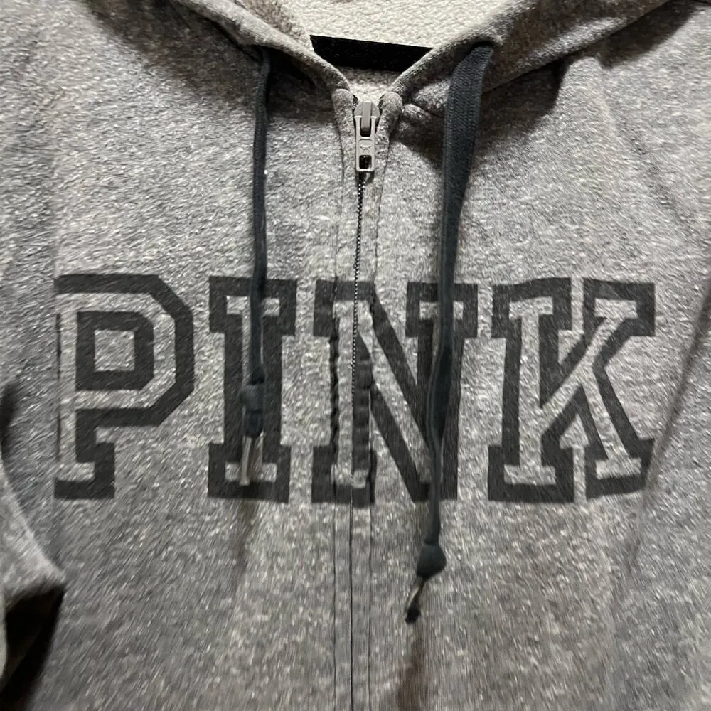 Victoria's Secret PINK Gray Full Zup Fleece Lined Hooded Jacket Size Large - Image 4