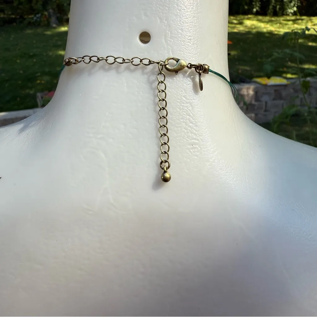 Premier Designs Necklace Green Pottery Beads Blue Thread - Image 5