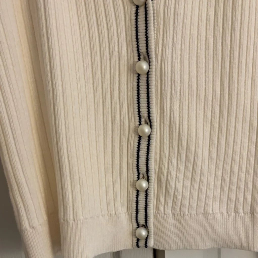 Talbots V-Neck Pearl Button Cardigan – Cream with Black Tipping, Size M, NWT - Image 4