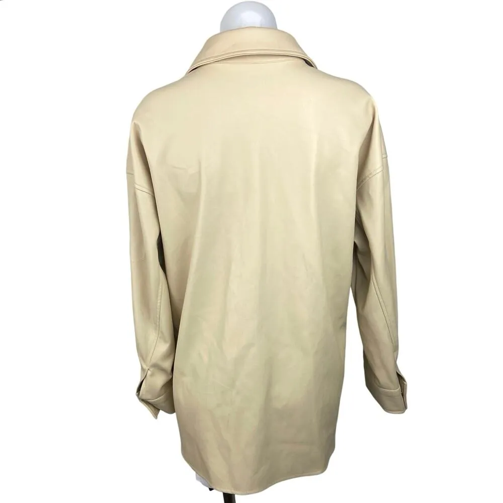 Primark Beige Faux Leather Button Down Long Sleeve Pockets Shirt Shaket Jacket 6 - Image 3