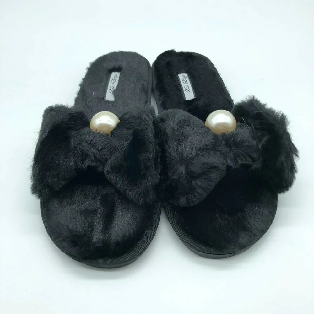 Womens Slide Sandals Faux Fur Pearl Slip On Fuzzy Black Size 38 - Image 2