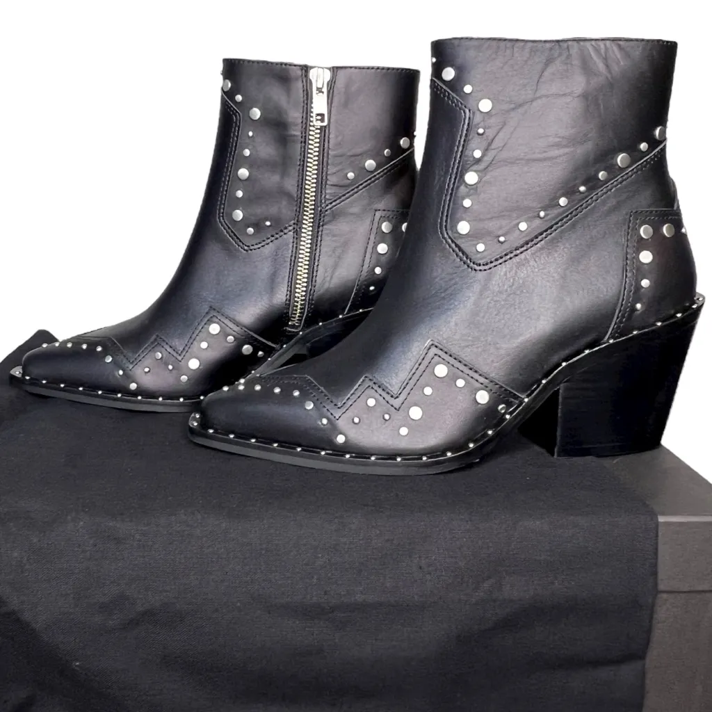 The Kooples Women’s Leather Santiag Studded Black Ankle Booties FR37 US 6 nwt - Image 5
