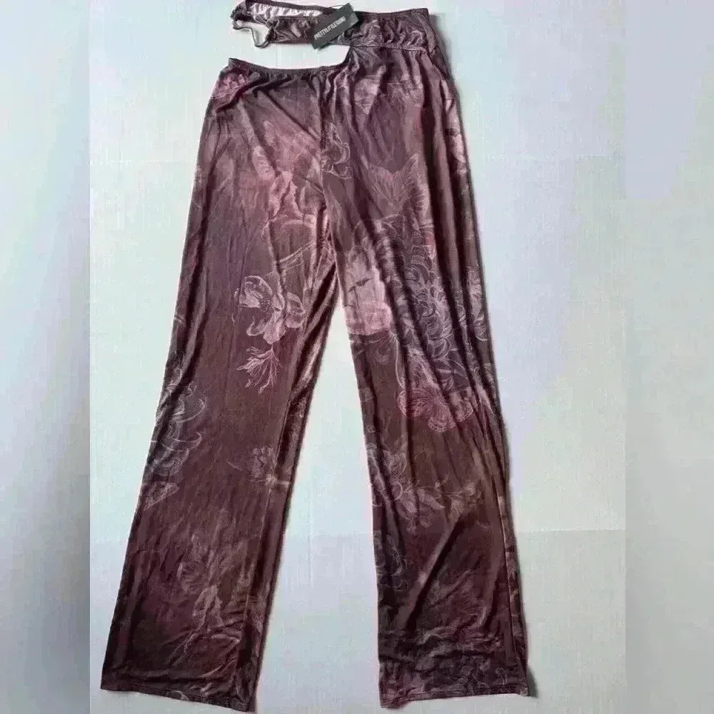 PrettyLittleThings Women’s Floral Slinky Cut‎ Out Wide Leg Pants Size 8 - Image 2