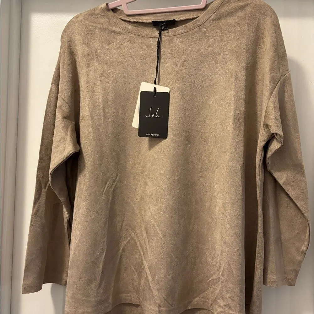 Joh ADI Oversized Crew Neck Khaki Top Size Large Faux Suede Boutique Tan - Image 2