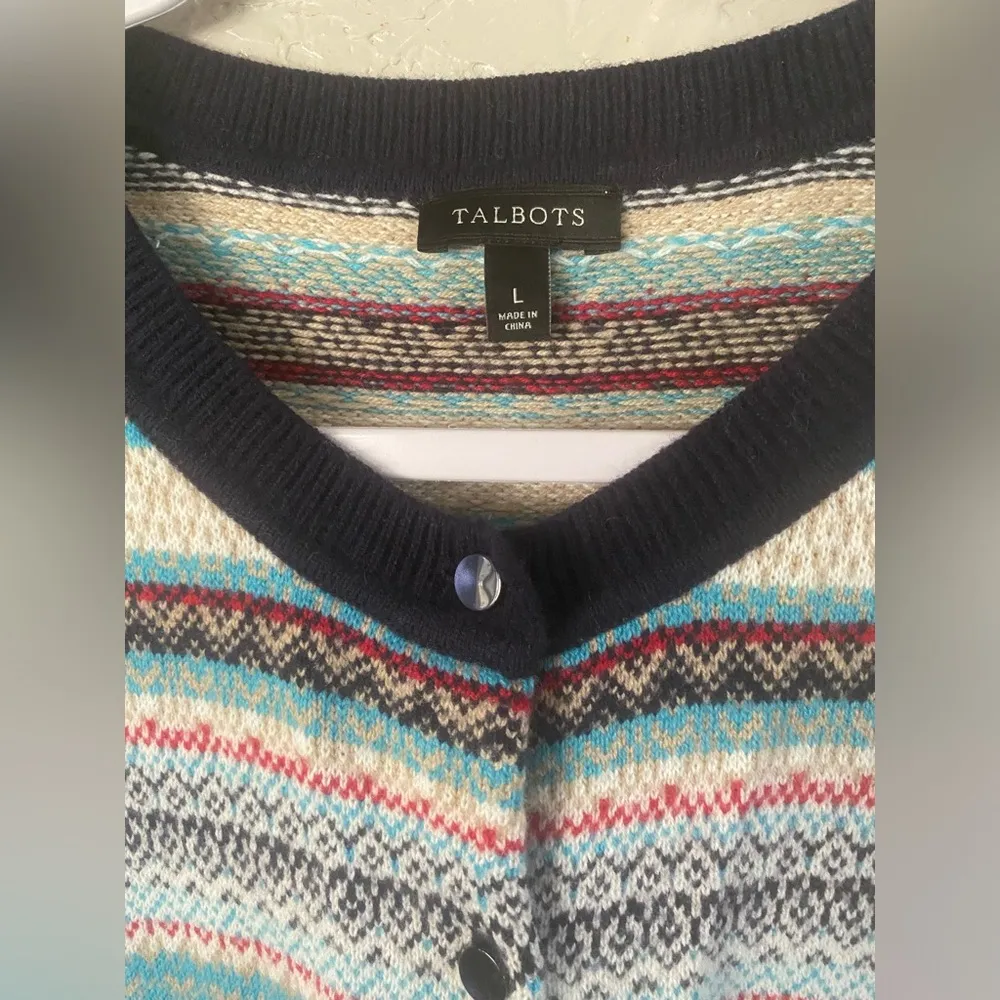 Talbots Women Cardigan Blue Colorful 3d Sweater L Nylon LAMBS Wool Jacket Aztec - Image 2