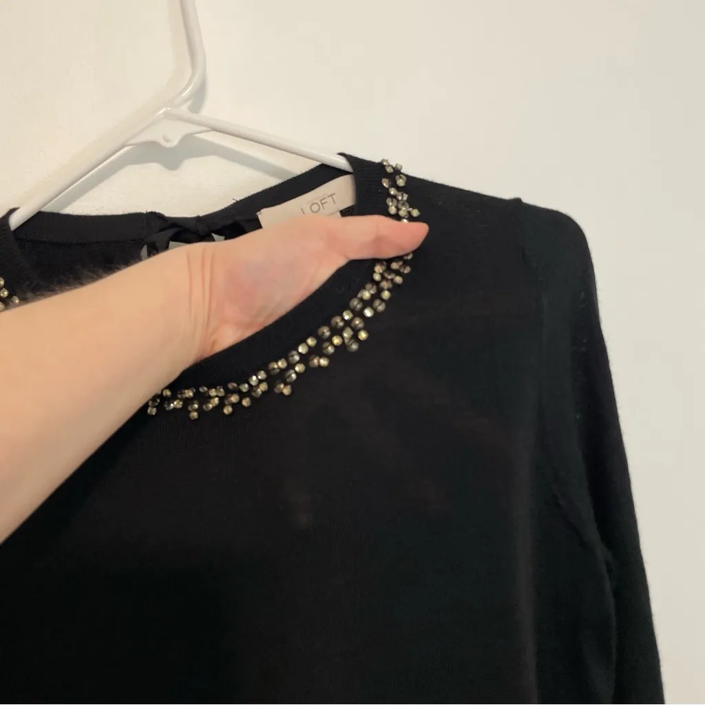 ANN TAYLOR LOFT Black Knit Rhinestone Embellished 3/4 Sleeve Sweater PETITE SP - Image 9