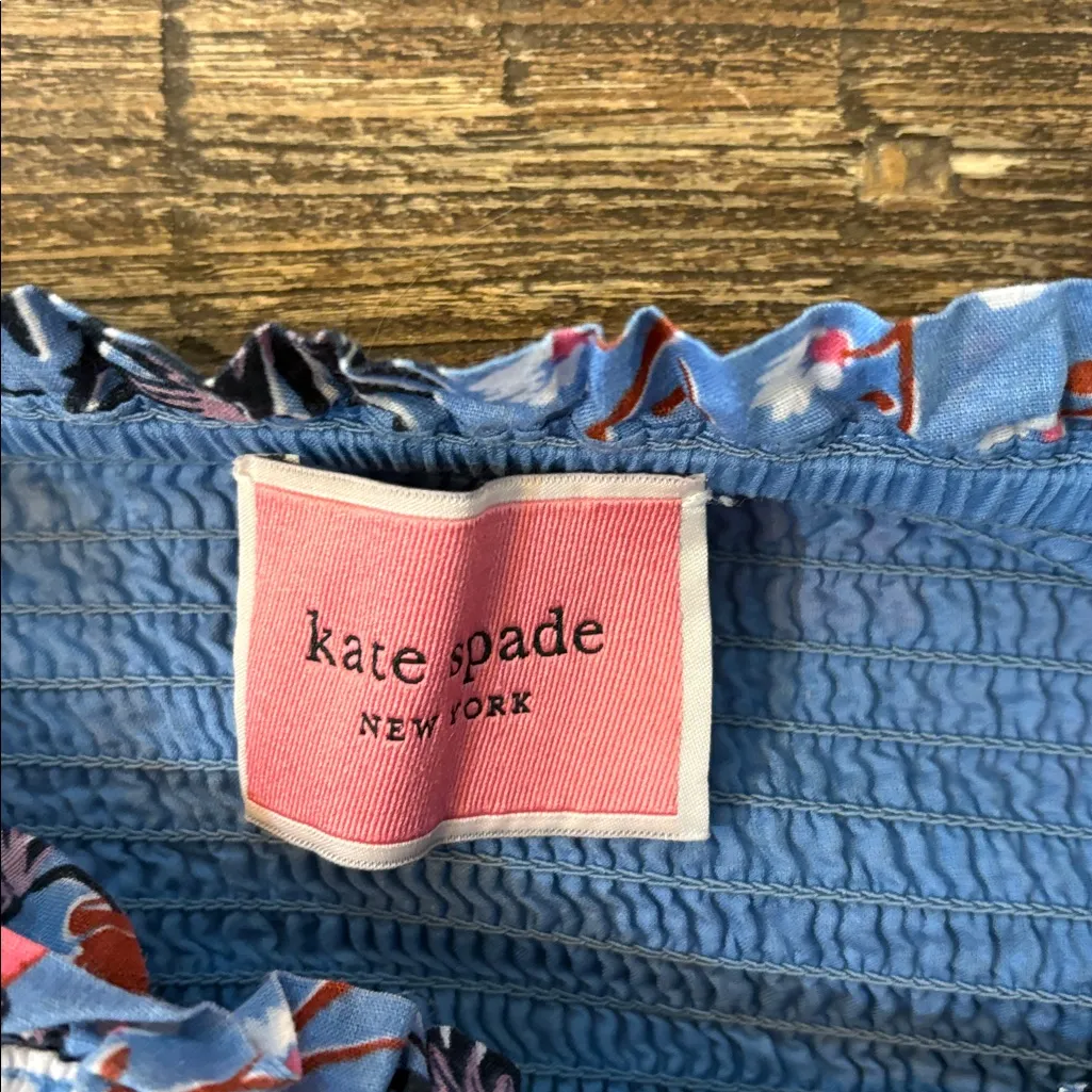 Kate Spade Garden Posy Smocked Midi Dress Blue Pink Floral Cat Cactus Print XS - Image 5