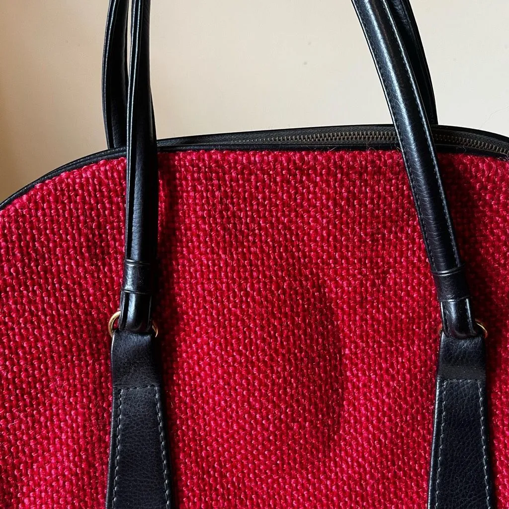 Vintage 70s Red Tweed Structured Mod Handbag Black Vinyl Trim Brass‎ Zipper - Image 3