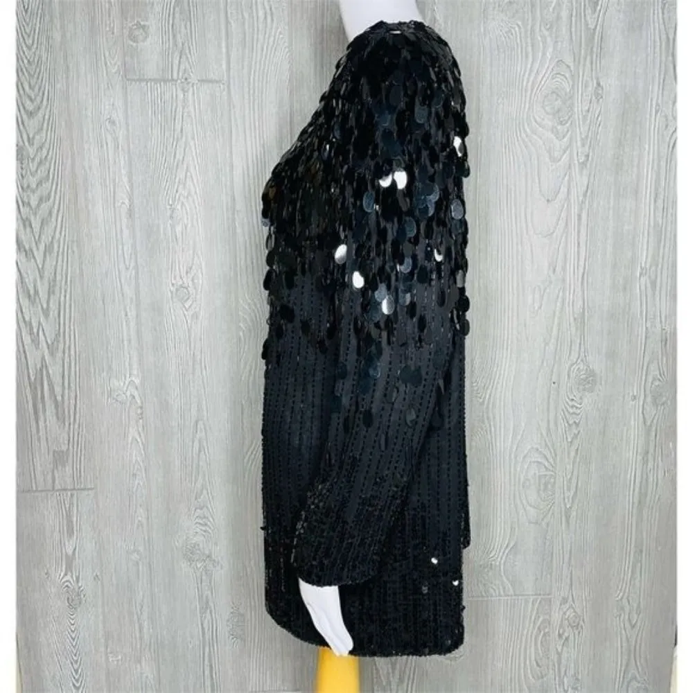 Vintage sequin beaded fringe cardigan sweater shirt black large formal dressy - Image 7
