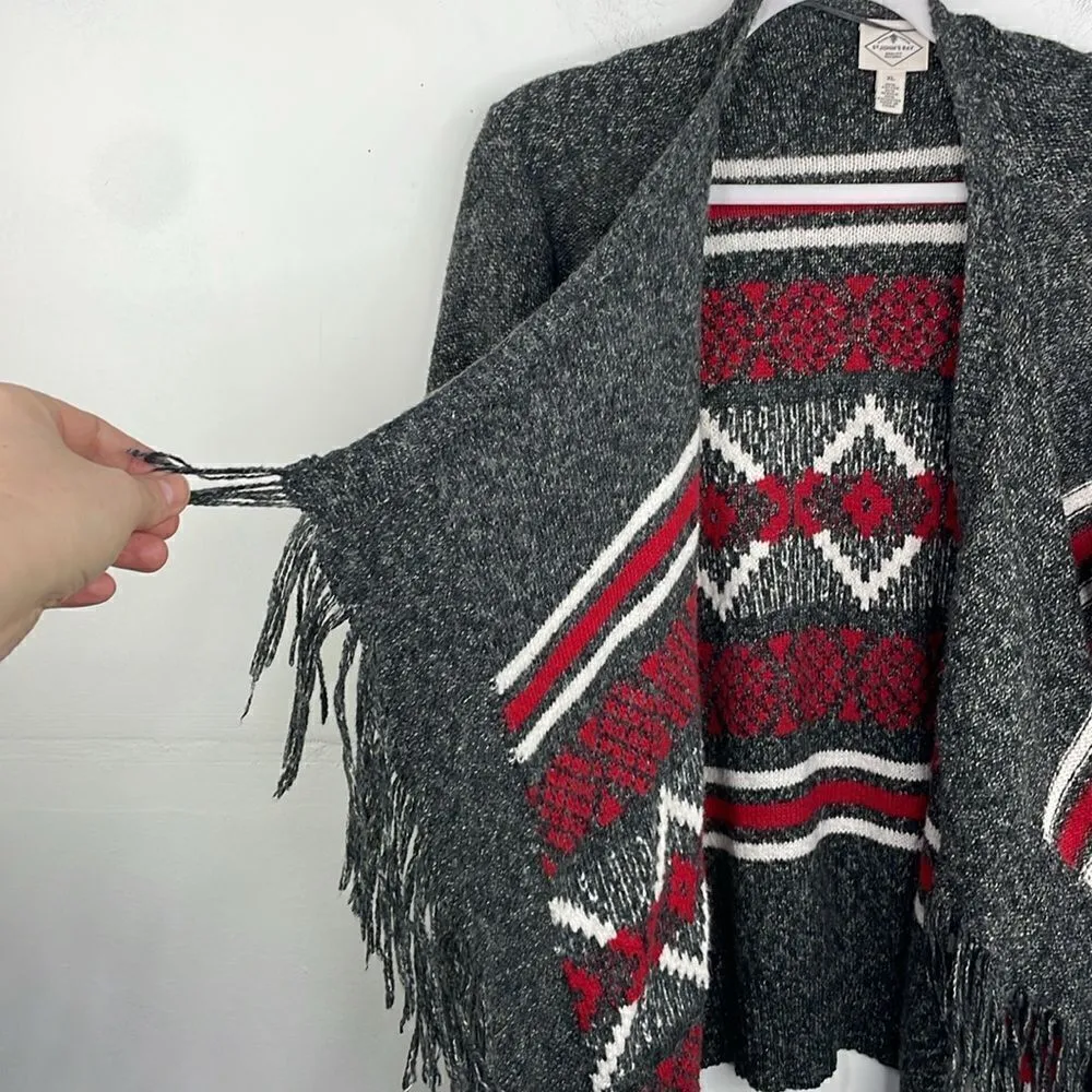 St Johns Bay open front sweater cardigan black gray stripe fringe southwest XL - Image 10