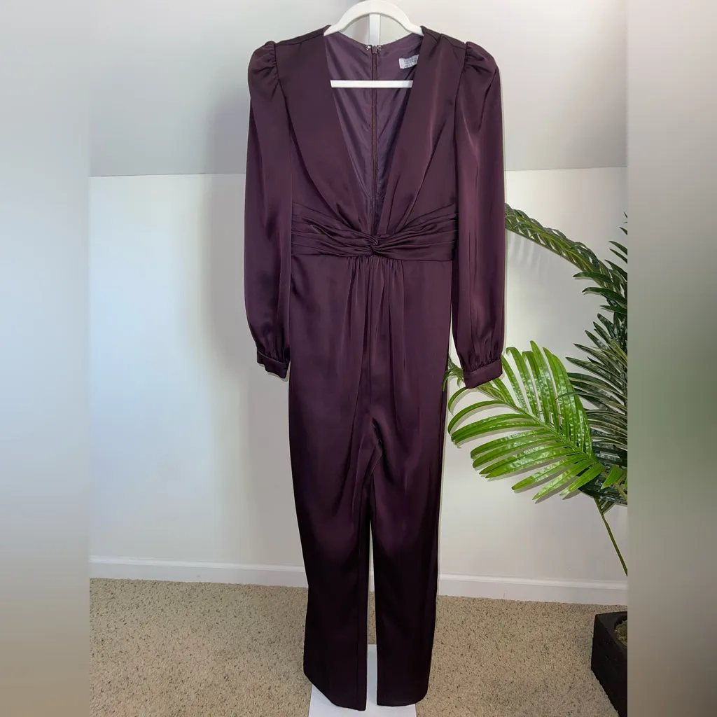 MAC DUGGAL long sleeve v‎ neck satin jumpsuit in plum purple size 6 - Image 5