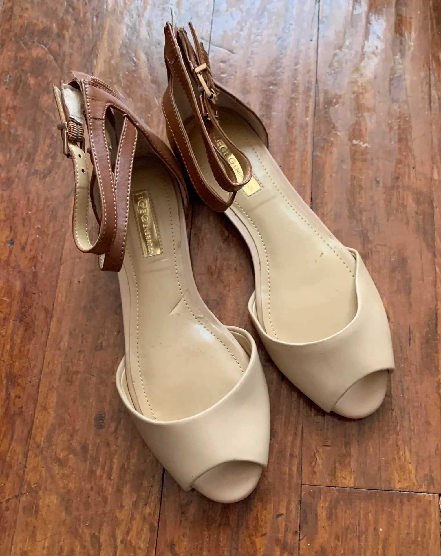 Nude & Cognac Peeptoe Ankle Strap Flats SZ 6 - Image 2