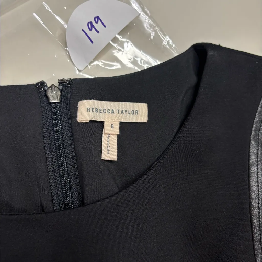 Rebecca Taylor 3/4 Sleeve Faux Leather Trim Ponte Black Sheath Dress Size 8 - Image 7