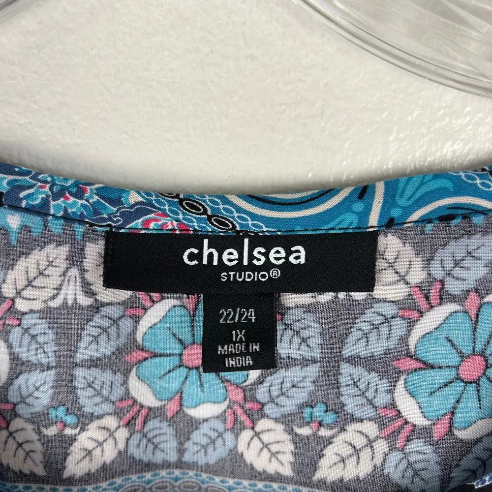 Chelsea Studio Short Sleeve Shirt Size 1X 22/24 Tie Front Tassel Blue Floral - Image 3
