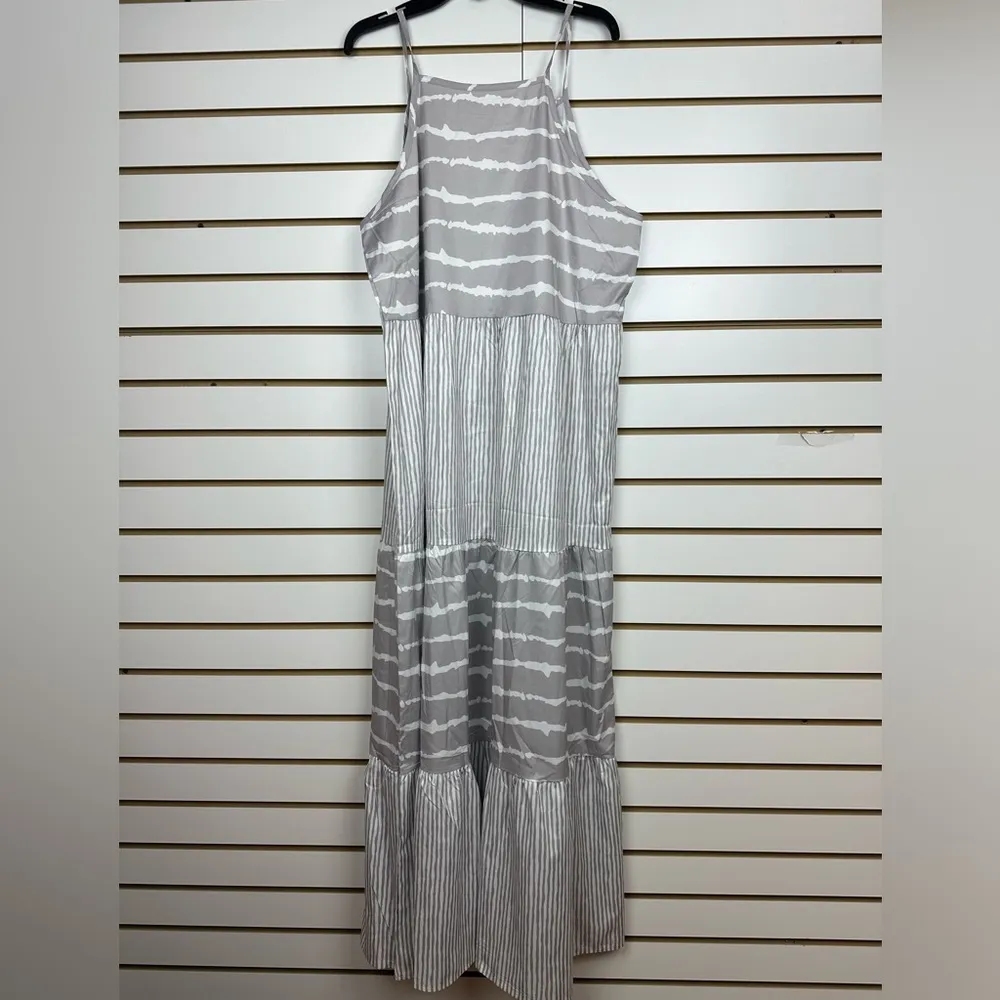 Womens Halter Type Crew Neck Patchwork Casual Summer Dresses with Sleeves Sz XL Gray - Image 4