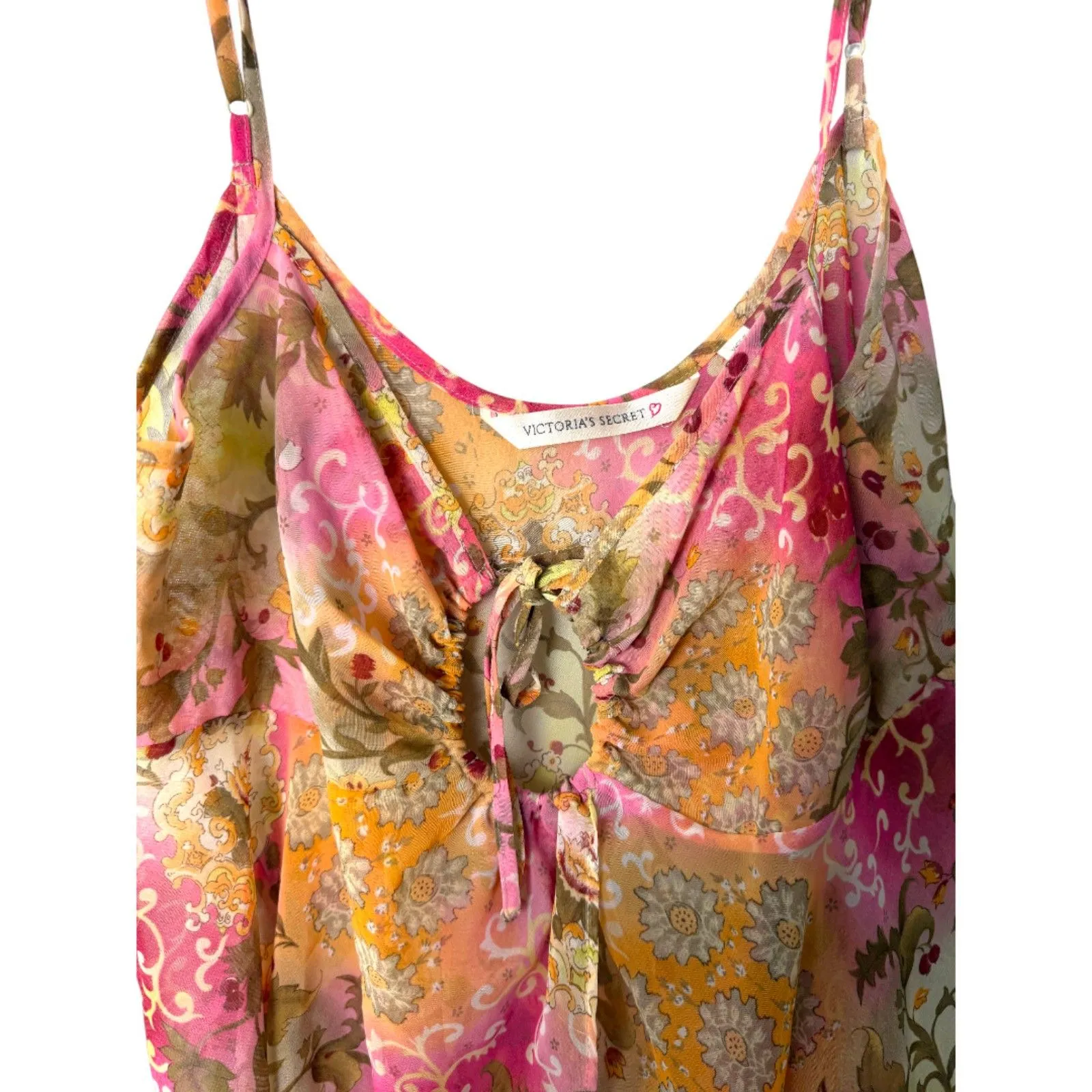 Victoria's Secret Vintage 90s Pink Orange Floral Tie Babydoll Blouse Medium - Image 2