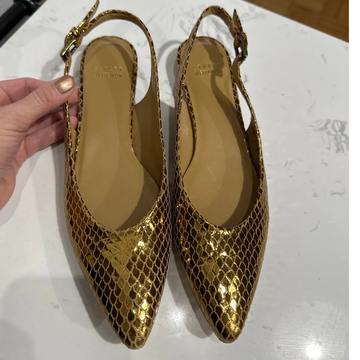 Stuart Weitzman Minnie Python Serpent Gold Metallic Slingback Flat, 8, Like New - Image 3