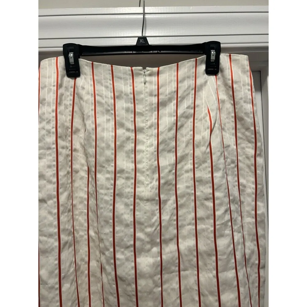 LEWIT Size 14 FAUX WRAP RED POPPY KIEV STRIPE LINEN BLEND ASYMMETRICAL SKIRT White - Image 8