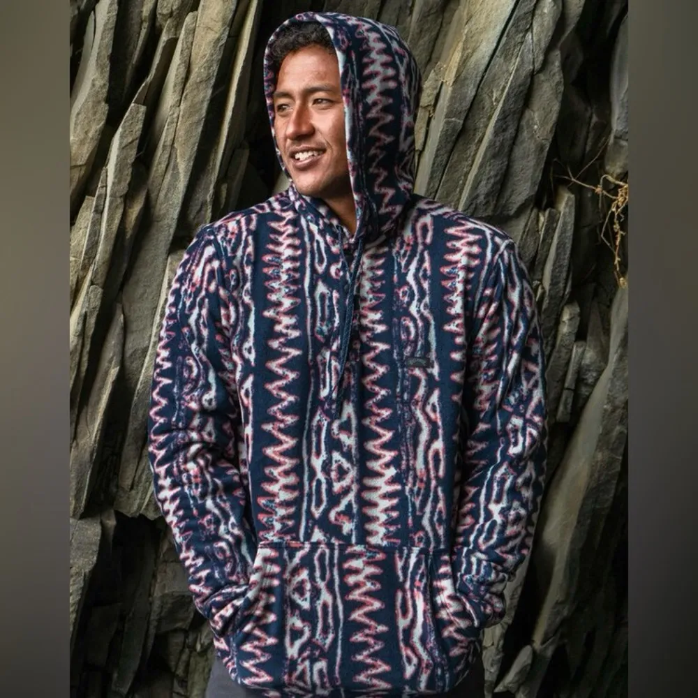 Billabong navy polar fleece hoodie adventure pull over boho tribal printed L​ - Image 16