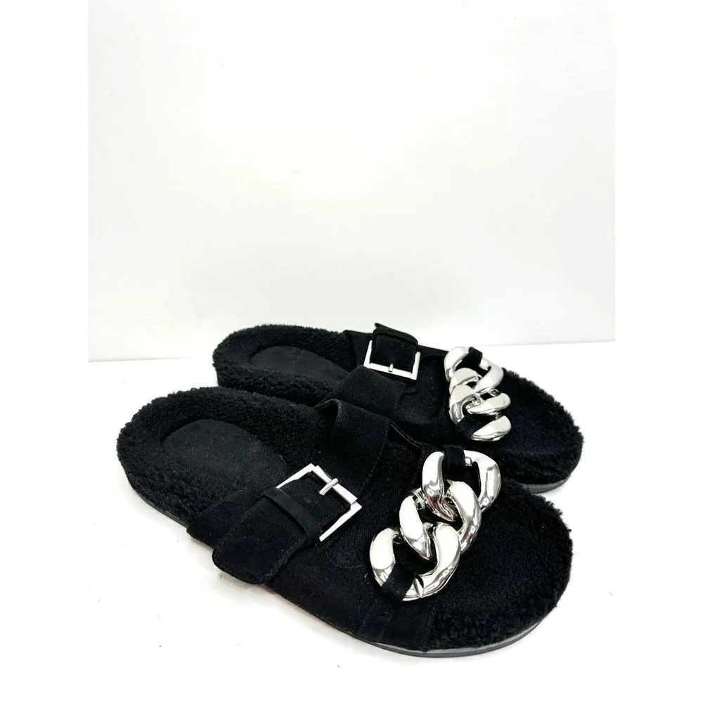 Marc Fisher Sandals Womens Size 6 Leather Black‎ Fresno Shearling Sherpa Slides - Image 4