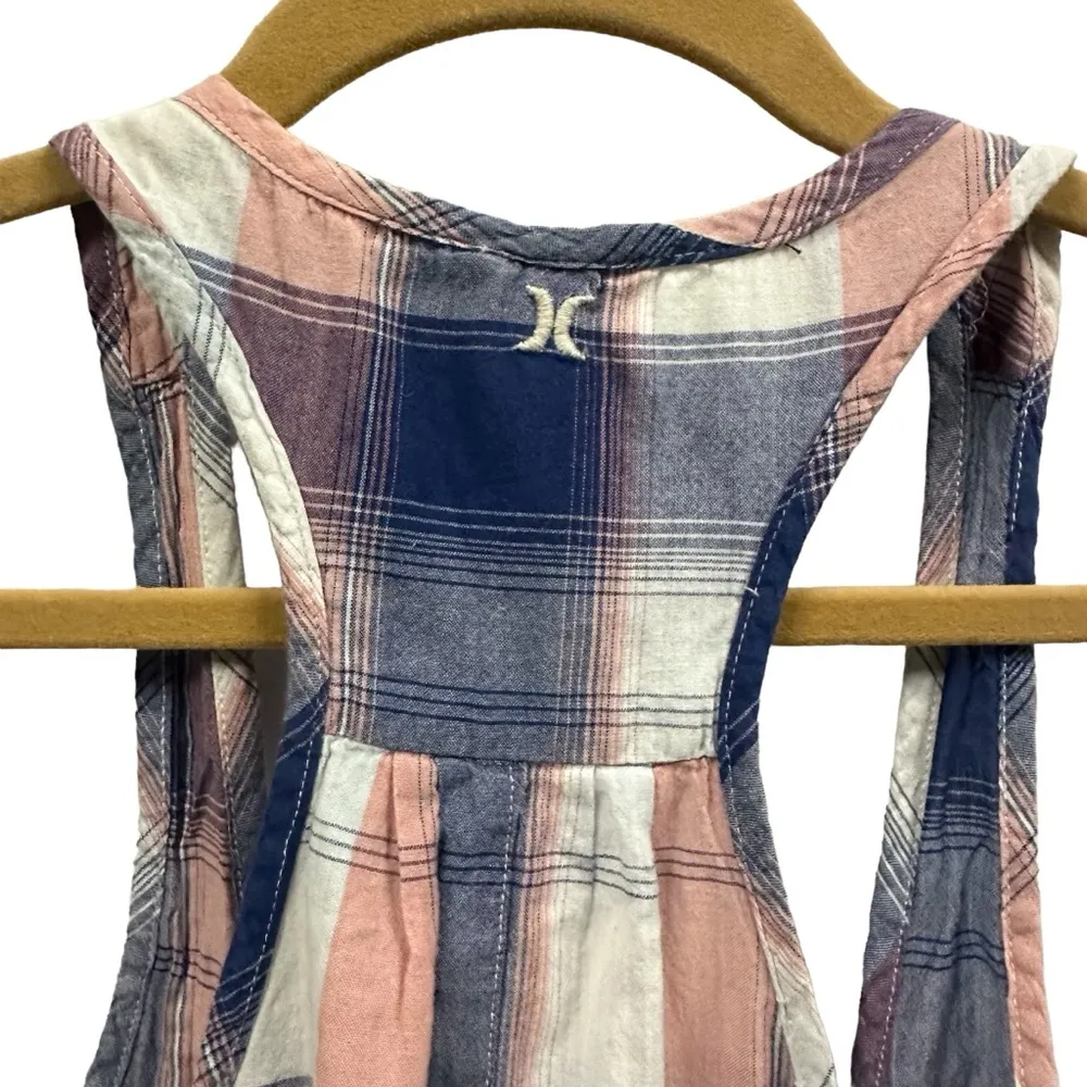 Hurley Pink Blue Plaid Racerback Long Tunic Tank Blouse Coverup Womens Medium - Image 6
