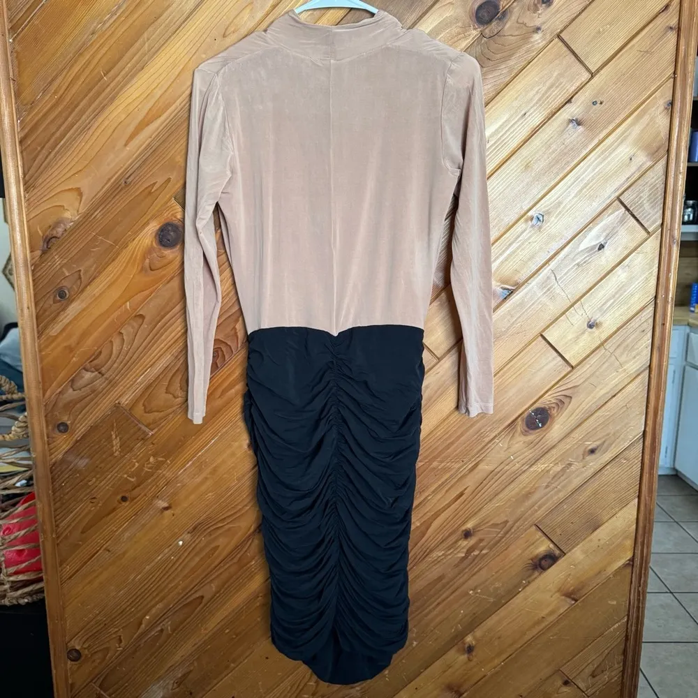 Ganni Tan and Black Long Sleeve Wrap Dress Size XS - Image 4