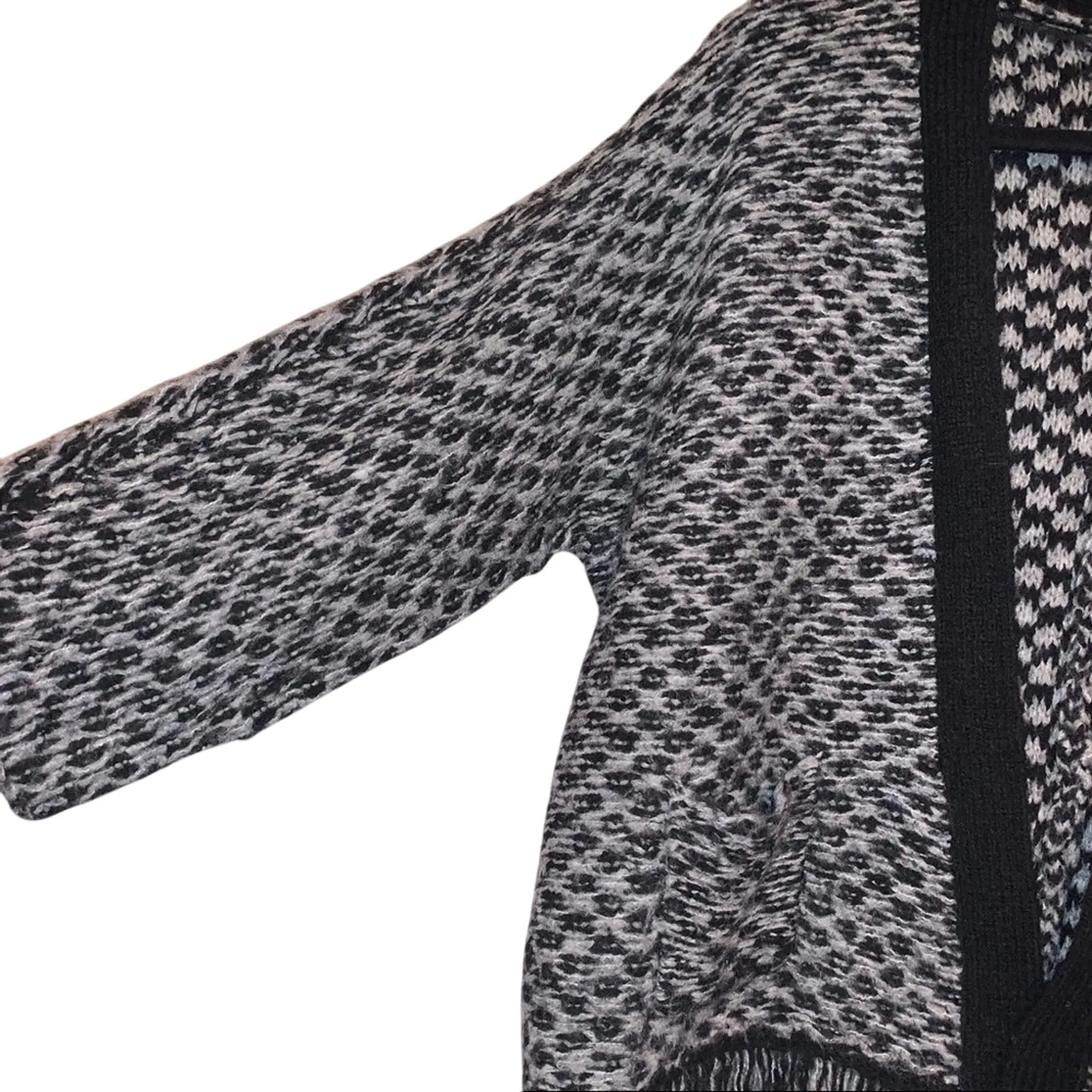 LOFT Black & White Wool Blend Open Front Cardigan With Fringe - Image 2
