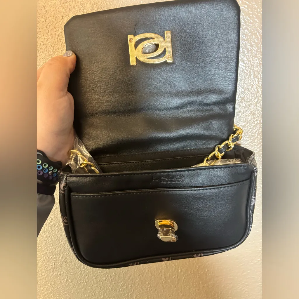 Bebe Women’s Liv Monogram Small Crossbody Bag Black w Dark Black Logo NWT - Image 4