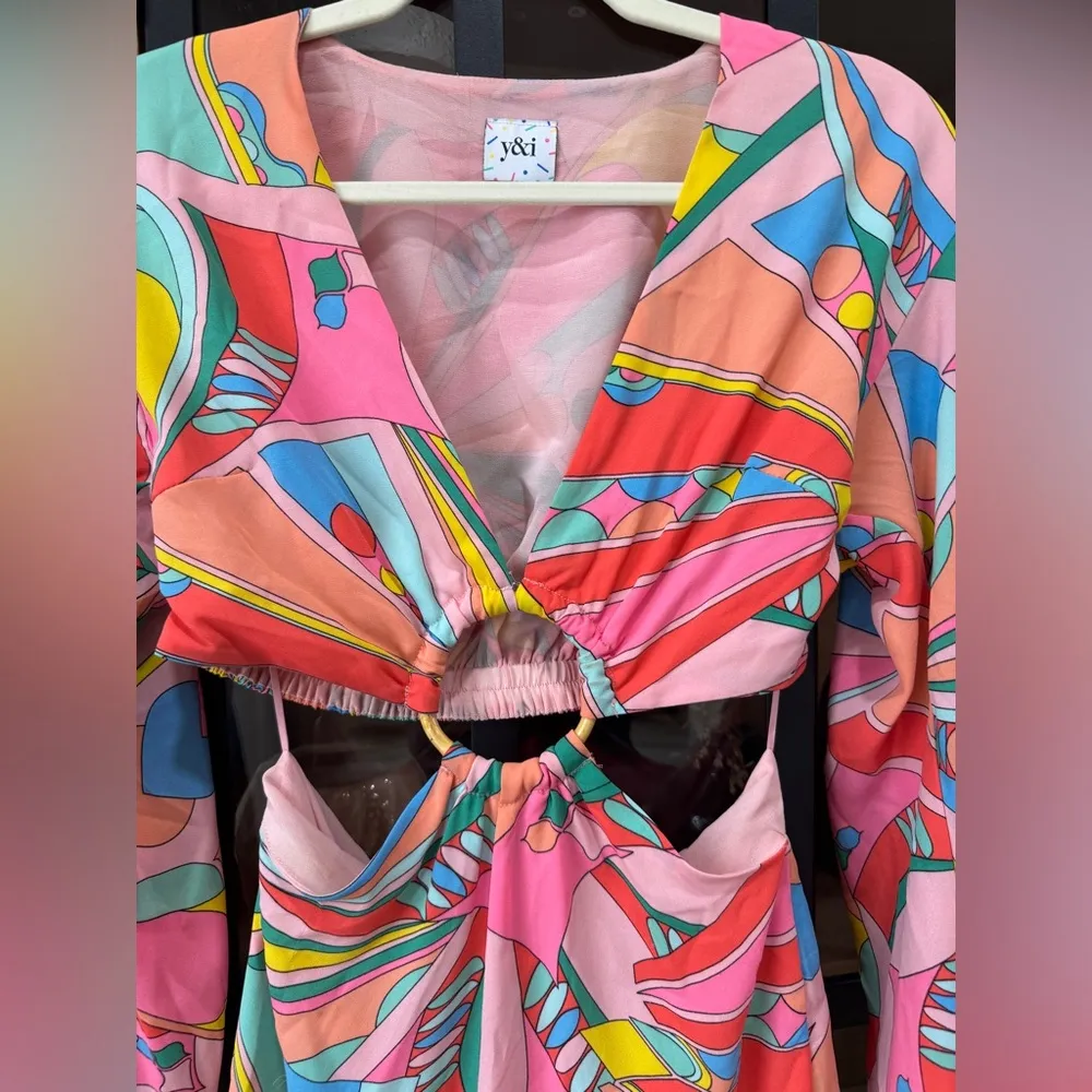 Groovy cutout mini dress long sleeve balloon o-ring bamboo go go satin go out - Image 5